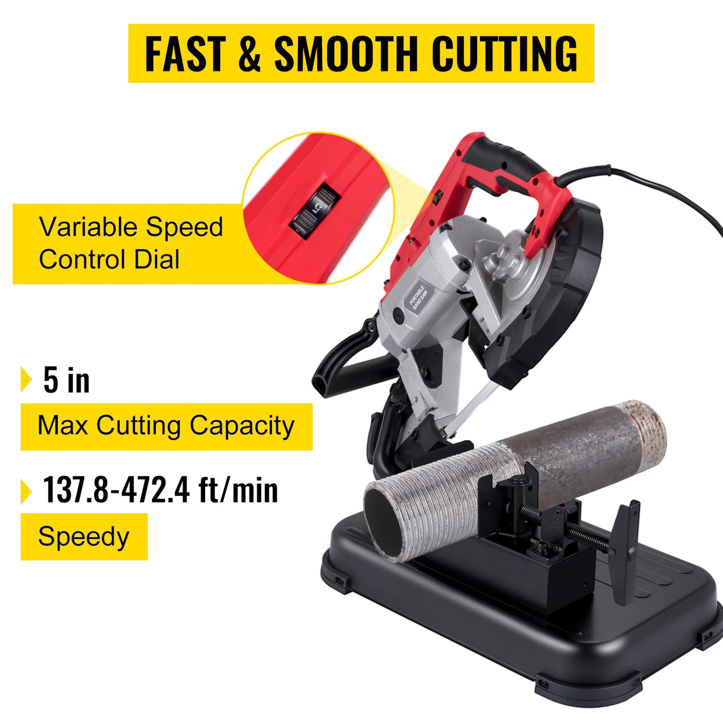 SucceBuy Portable BandSaw 5Inch Cutting Capacity Cordless Variable Speed 10Amp Motor Deep Cut Bandsaw for Metal Wood Pipes Rebar