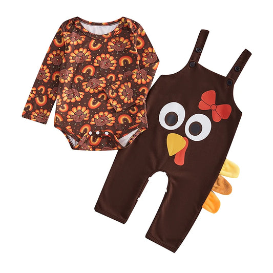 Baby Girl 2Pcs Thanksgiving Outfits Long Sleeve Turkey Print Romper Overalls Set Infant Clothing