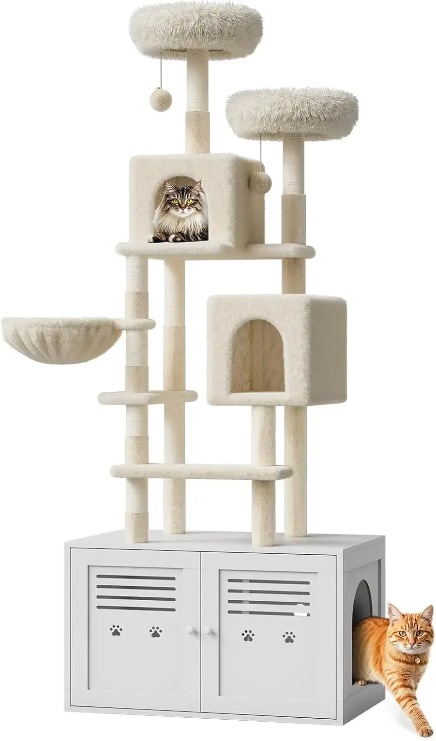 Tall Cat Tree with Litter BoxEnclosure 2-in-1 Modern Large Cat Tower for Indoor Cats with Double Condos/Scratching Posts/Hammock