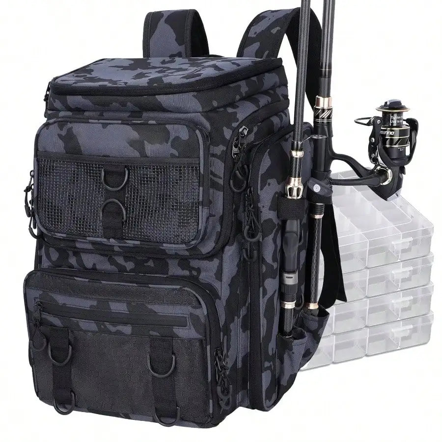 Fishing Tackle Backpack With Rod Holders 42L Capacity Bag