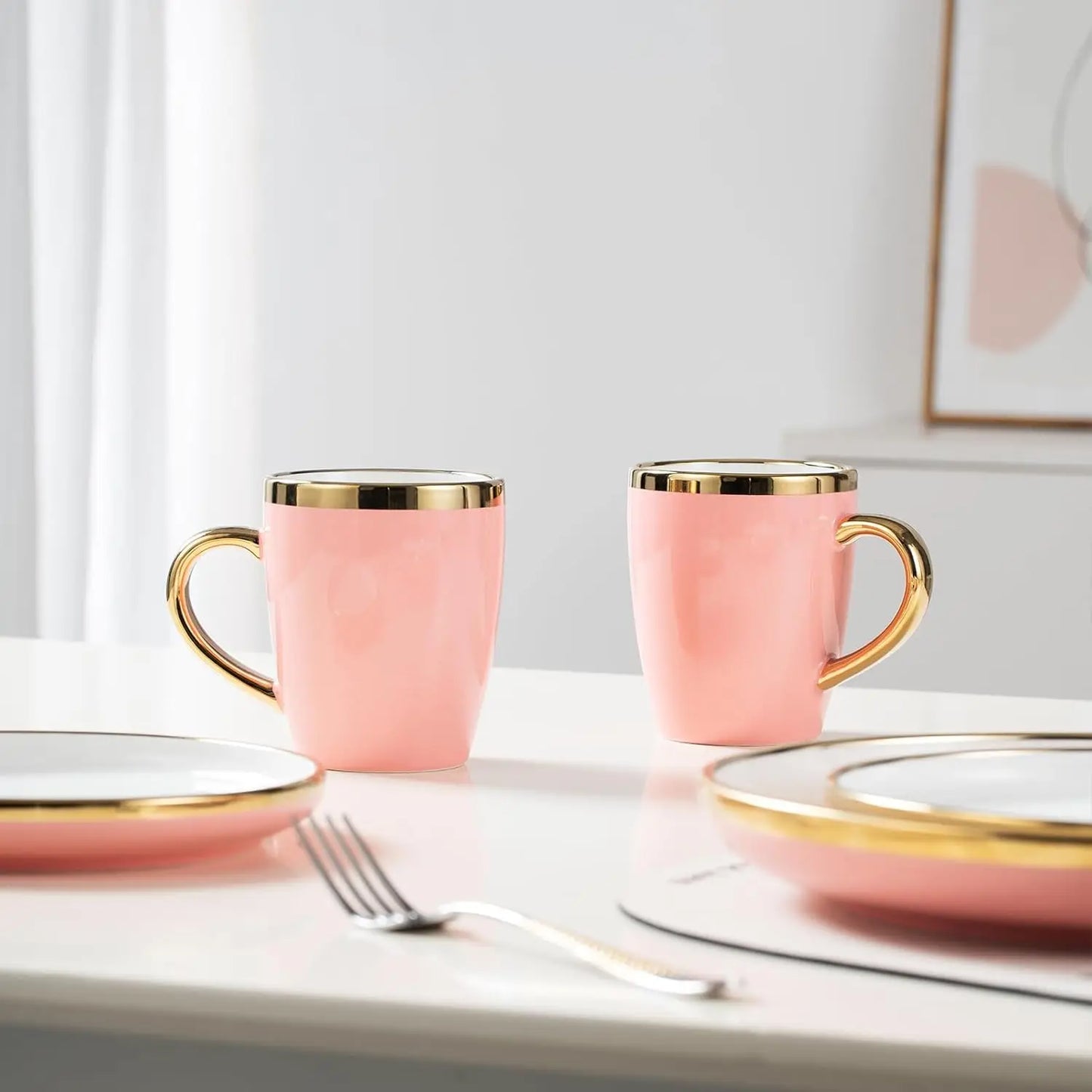 Pink Dinnerware Sets for 4 Ceramic, 16-Piece Luxury Plates and Bowls Sets with Gold Rim, Modern Dish Set for Wedding Christmas A