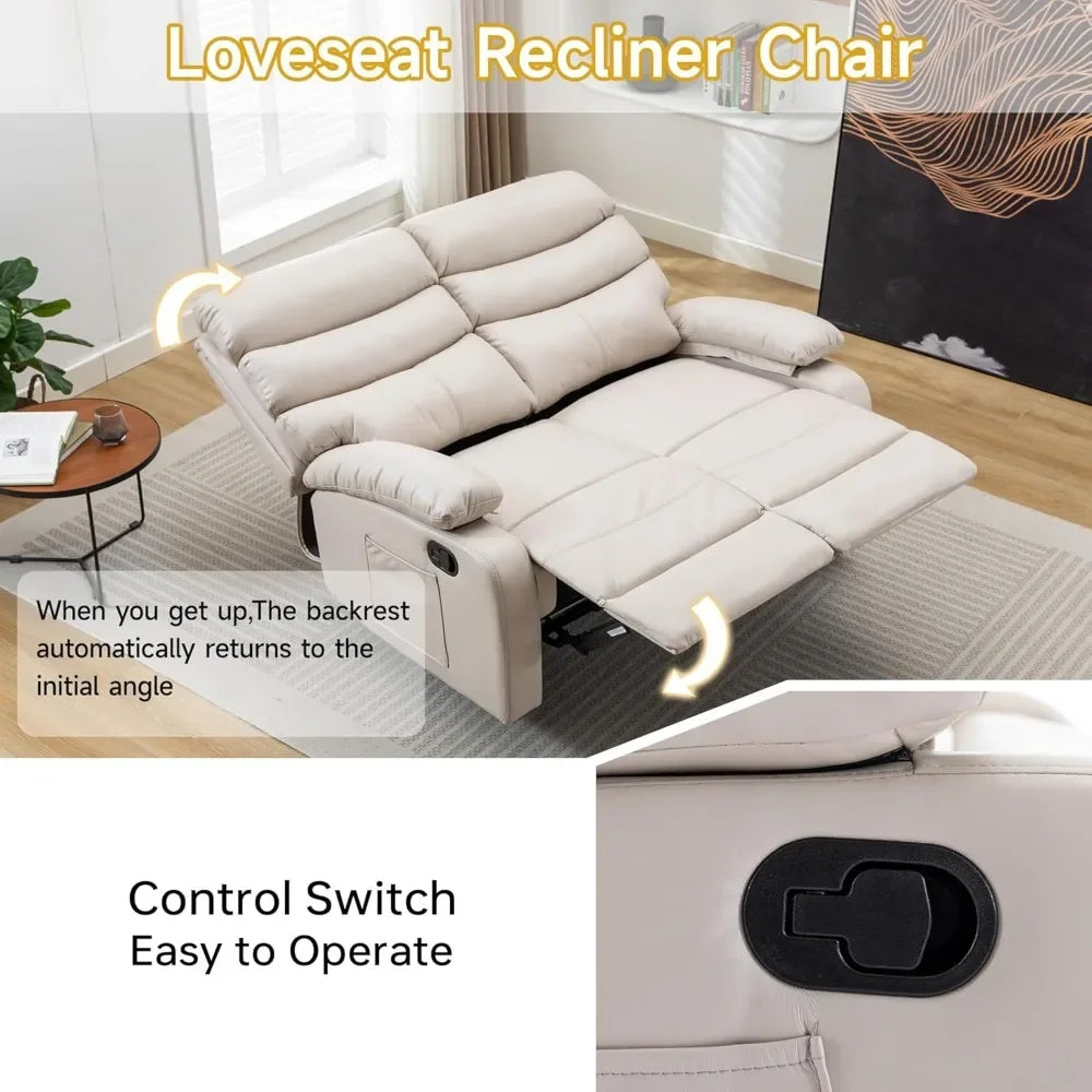 Recliner Sofa, Small Sofa Couch, PU Leather Reclining Sofa 2-Seater Manual Double Seater Recliner with Side Pockets