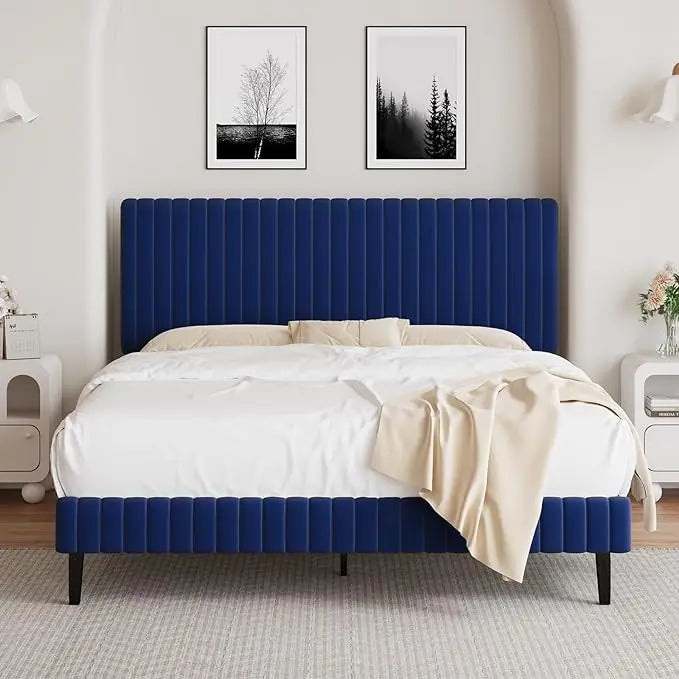 Queen Size Bed Frame with Headboard, Velvet Upholstered Platform Bed with Vertical Channel Tufted Design, No Box Spring Required