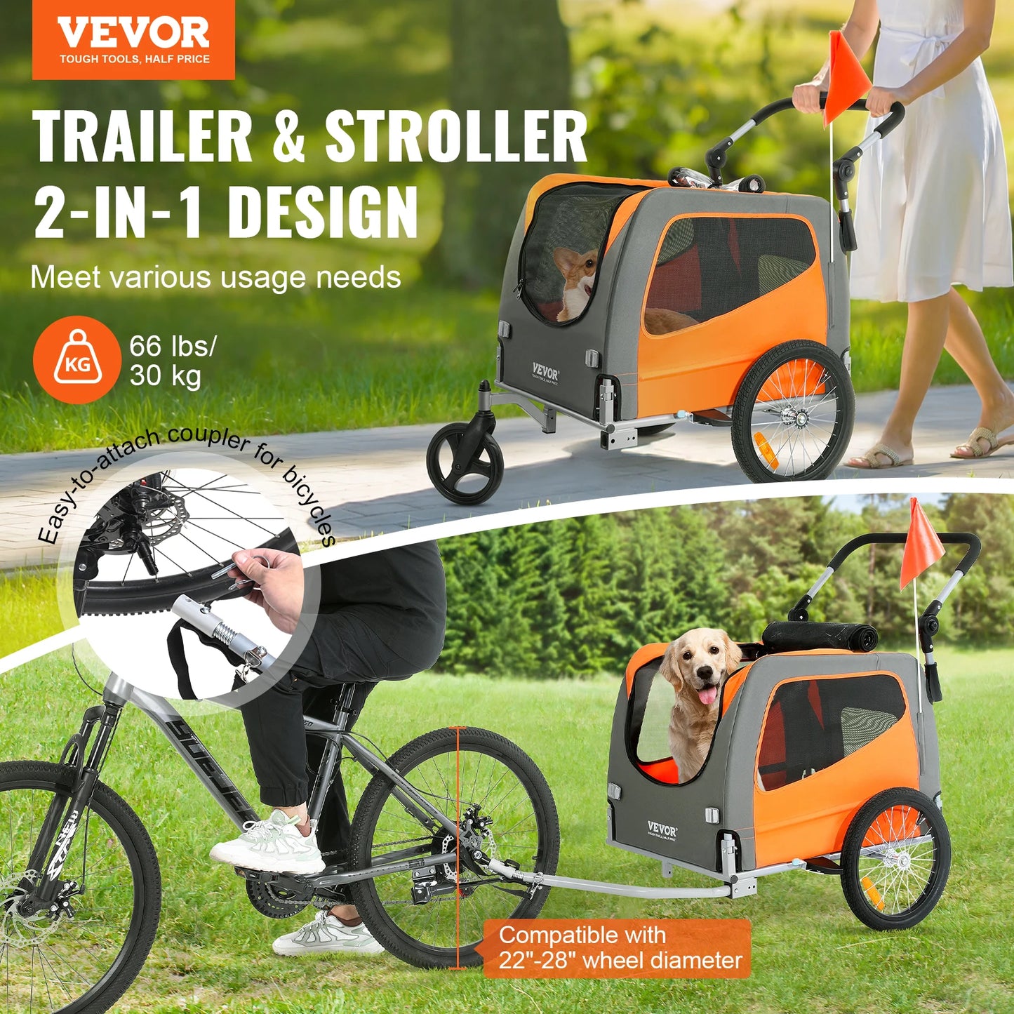SucceBuy 66lbsDog Bike Trailer 2-in-1Pet Stroller Folding Cart Frame Bicycle Carrier with Wheels Universal Coupler for Dogs Cats