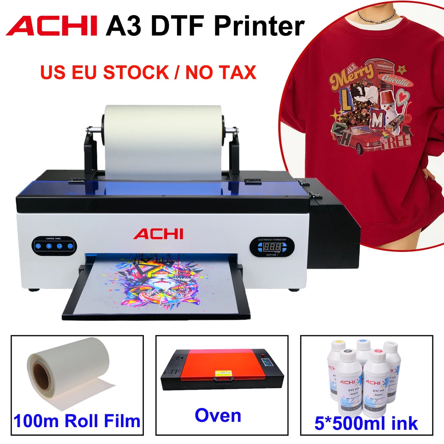 ACHI DTF Transfer Printer A3 DTF Printer T Shirt Printing Machine With Curing Oven for Clothes Hoodies Jeans Textile EU US Stock