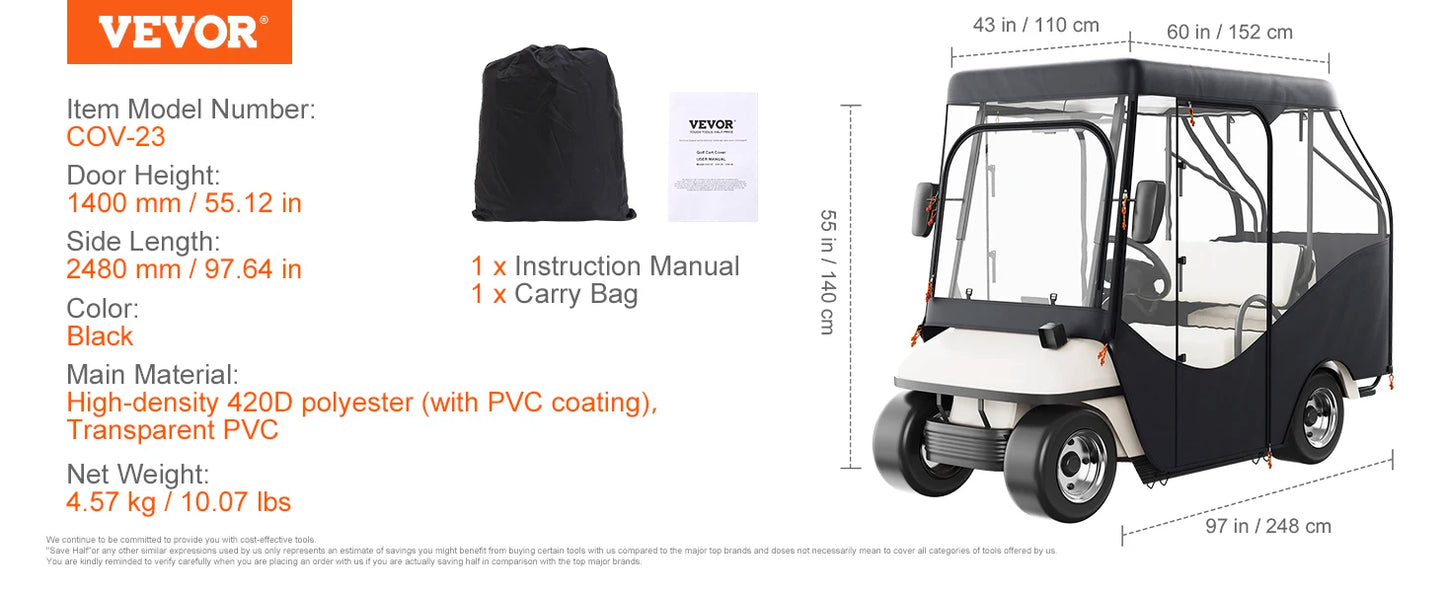 SucceBuy Golf Cart Enclosure 420D Polyester Driving Enclosure with 4-Sided Transparent Windows 4 Passenger Club Car Cover