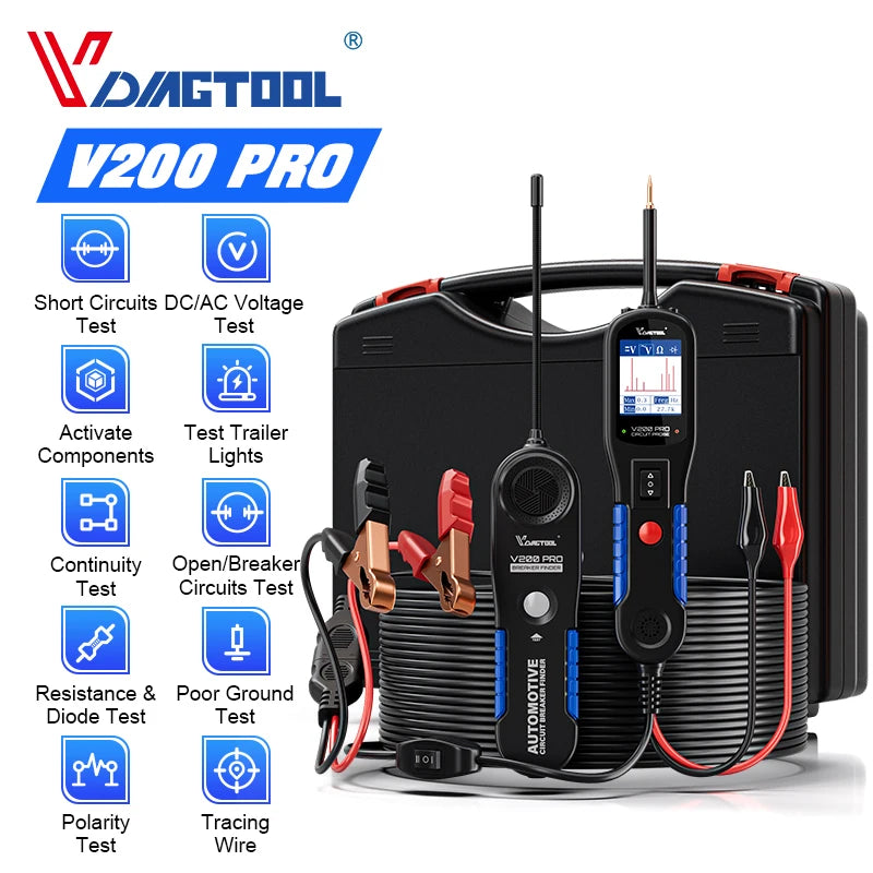 2025 VDIAGTOOL V200PRO Automotive Power Circuit Probe 12V 24V Circuit Tester Electrical System Diagnostic Tools with 40FT Cable