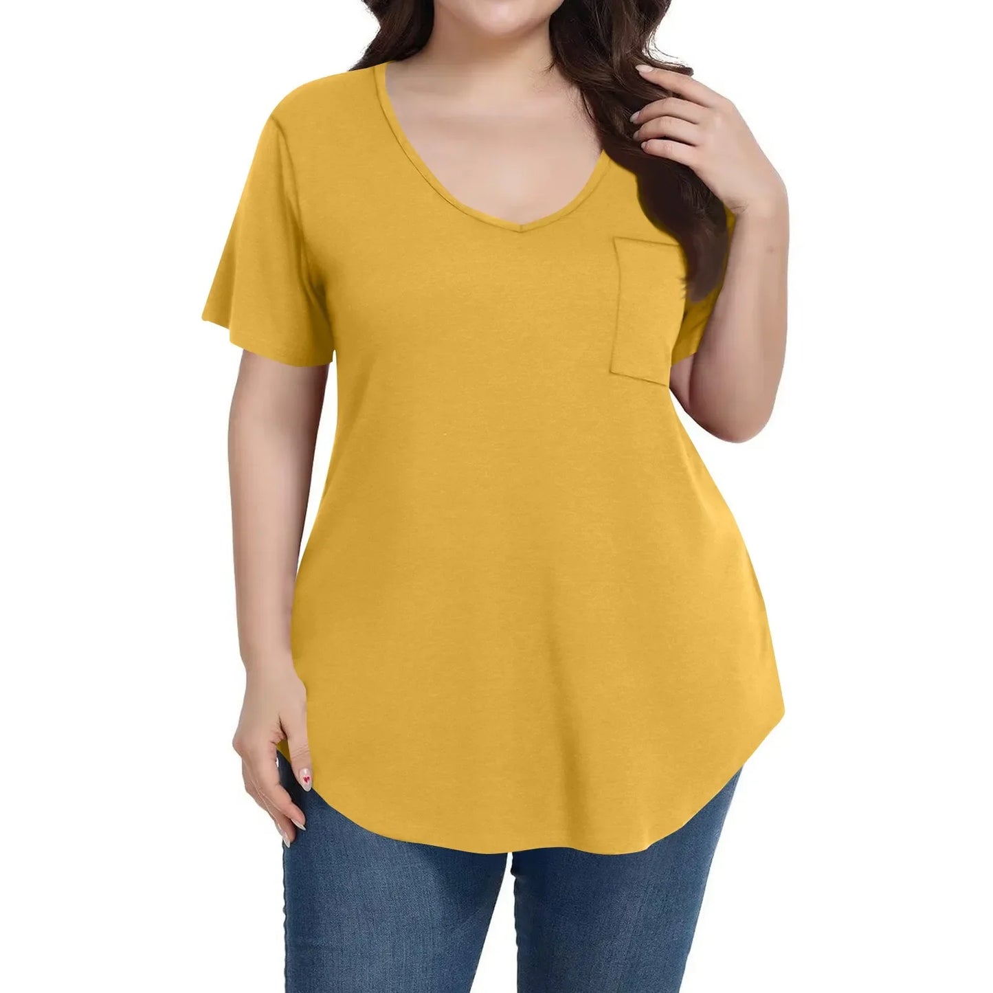 Plus Size Women's Tunic Tops Solid Color Large Size V-neck Loose T-Shirt With Pocket Summer Casual Basic Tee t shirts