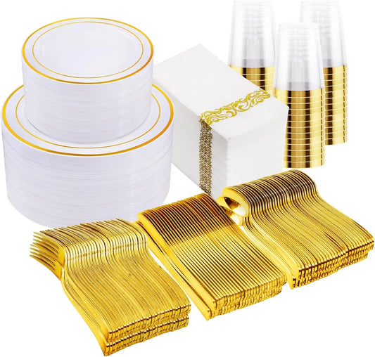 700 Pcs Gold Plastic Plates for 100 Guests - Party Supplies Includes 200 Gold Plastic Plates,300 Silverware,100 Napkins,100 Cups