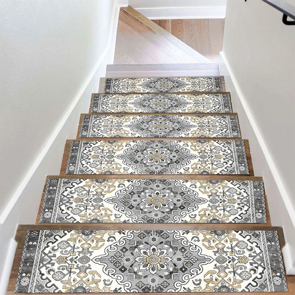 15Pcs Soft Stair Stepping Mat 21x76cm Self-Adhesive Non-slip Bohemian Indoor Stair Carpet Mat Protector Rug for Pet Kids Elder