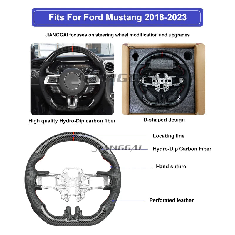 Hydro-Dip Carbon Fiber D-shaped Steering Wheel Preforated Leather Grip for Mustang EcoBoost/GT/Shelby GT350/GT350R 2015-2023