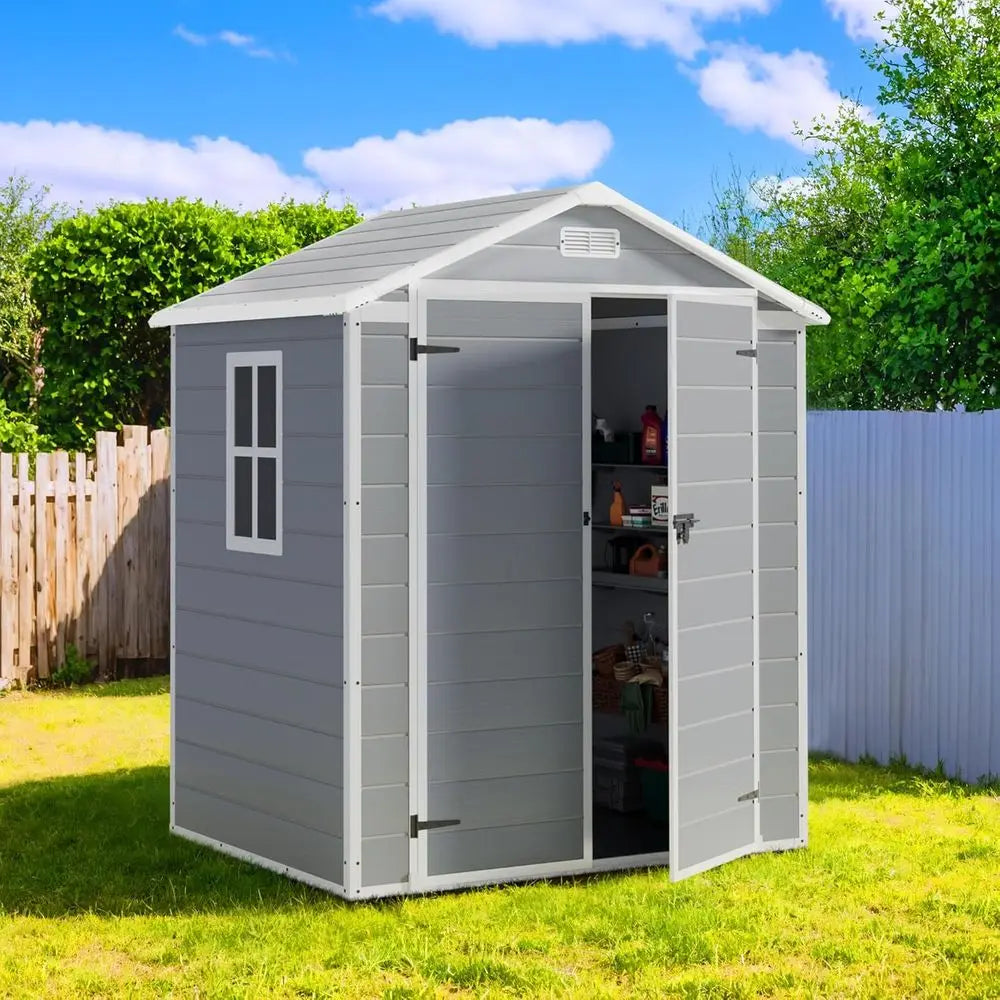 All-Weather Resin Outdoor Storage Shed - 6x4FT Tool Room with Floor for Garden, Backyard, and Pool Tools in Light Grey