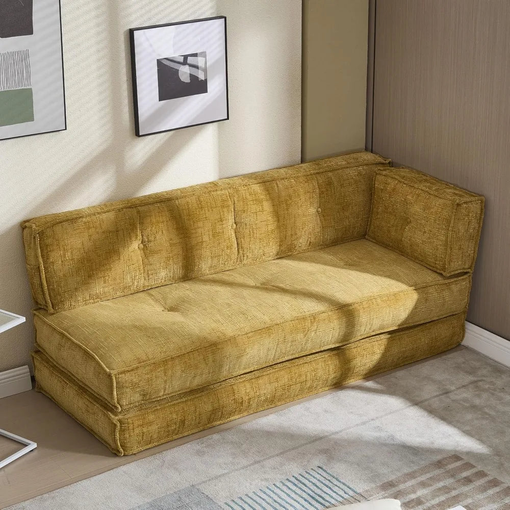 Modular Couch Convertible Sleeper Floor Sofa Bed, Chenille Folding Mattress Couch with Side Bag Storage, 4-in-1 Combined Lazy So