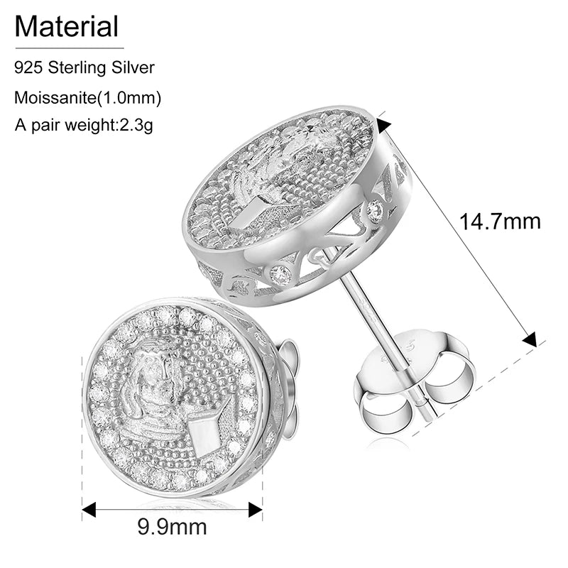 10mm Width Round Men Stud Earrings With D Color VVS Moissanite 925 Sterling Silver Luxury Earring For Women Hip Hop Ear Jewelry