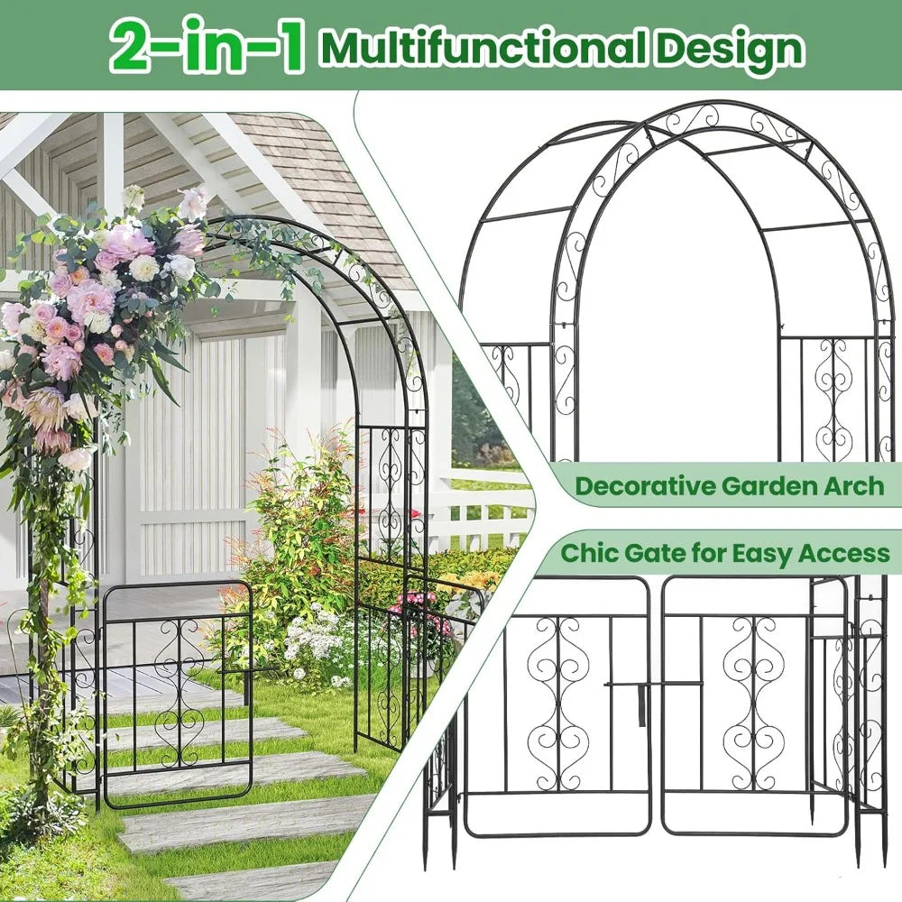 Garden Arbor with Gate, 84" H x 54" W Metal Arch Trellis for Climbing Plants Rose Vines, 6 Sharp Ground Stakes, Heavy Duty