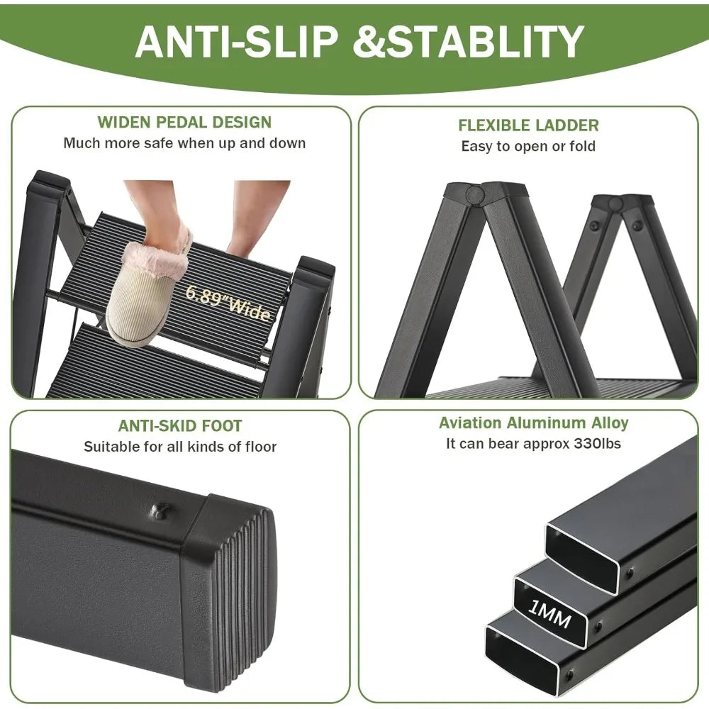 3 Step Ladder, Folding Step Stool with Wide Anti-Slip Pedals,Max Load 330 Lbs Capacity,Lightweight Aluminum Sturdy Step Ladder,