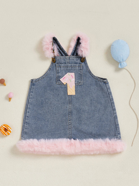 Toddler Boy Blue Denim Overall Jumpsuit with Bear Embroidery and Fleece Lining for Winter Autumn Spring Wear