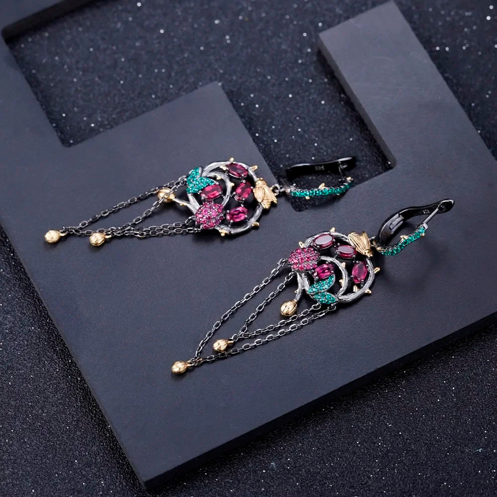 GEM'S BALLET Natural Rhodolite Garnet Tassel Earrings 925 Sterling Silver Handmade Gold Bee on Branch Drop Earrings for Women