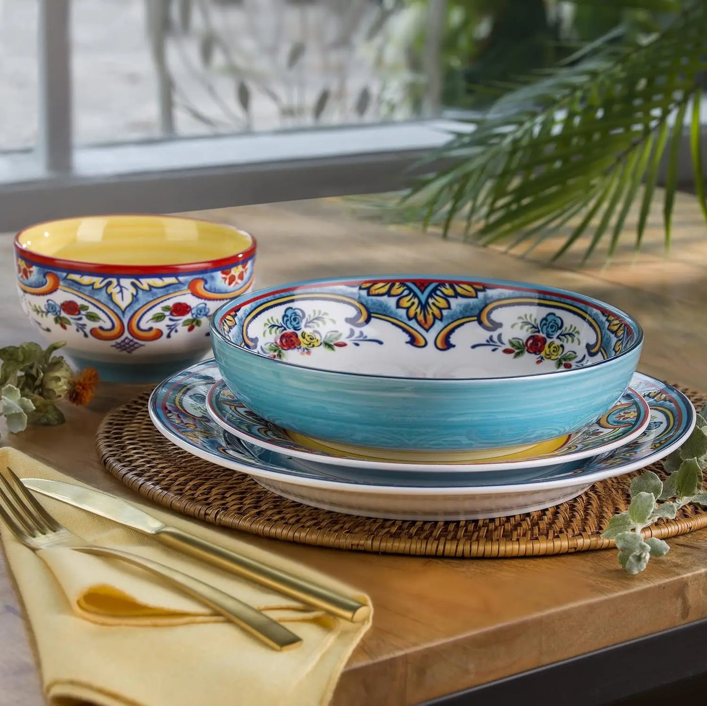 Zanzibar Double Bowl 16-Piece Dinnerware Set | Fine Kitchenware | Floral Multicolor Design Stoneware Tableware Service For 4
