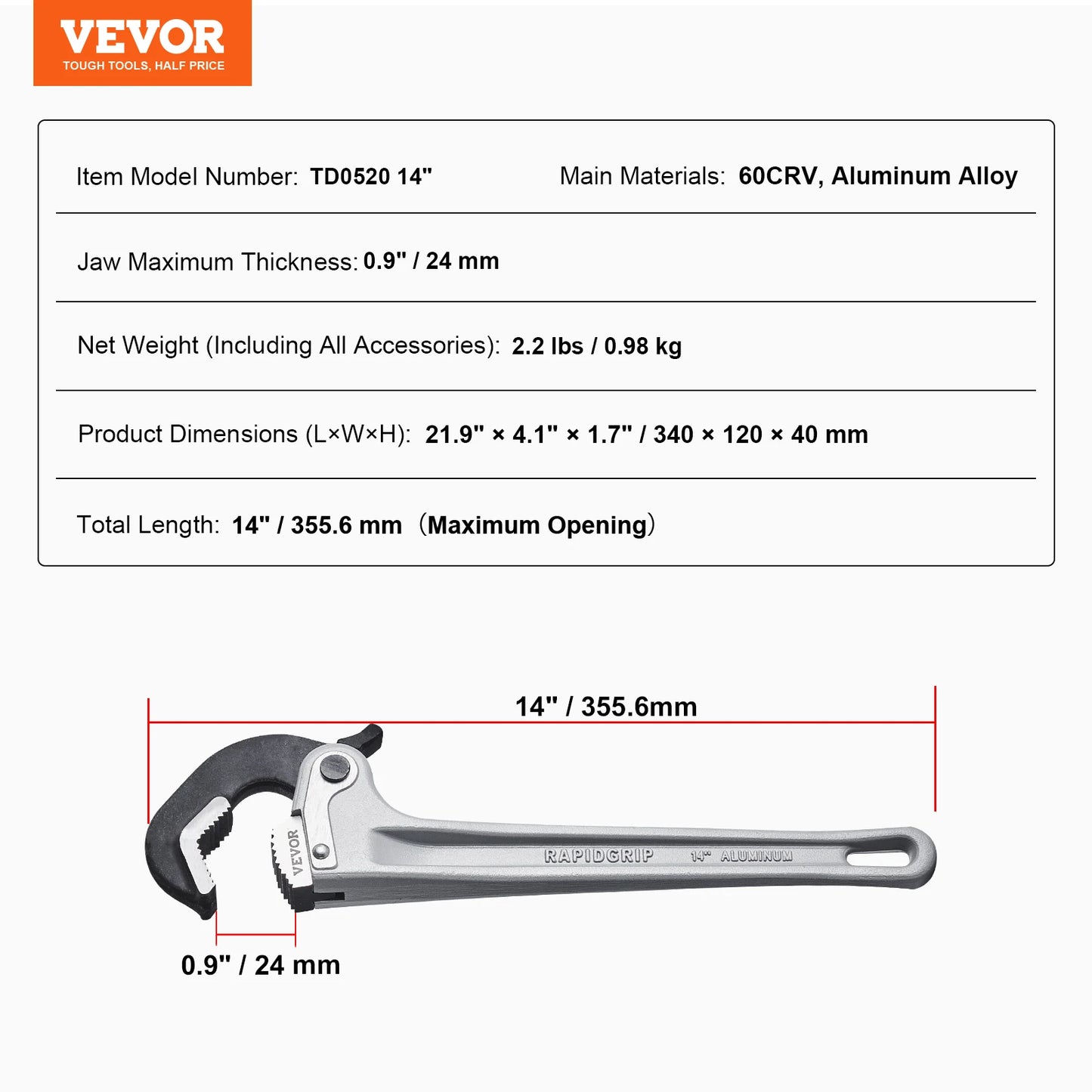 SucceBuy Pipe Wrench Aluminum Straight Pipe Wrench Adjustable Plumbing Wrench High Strength Jaw & Ergonomic Handle Automotive