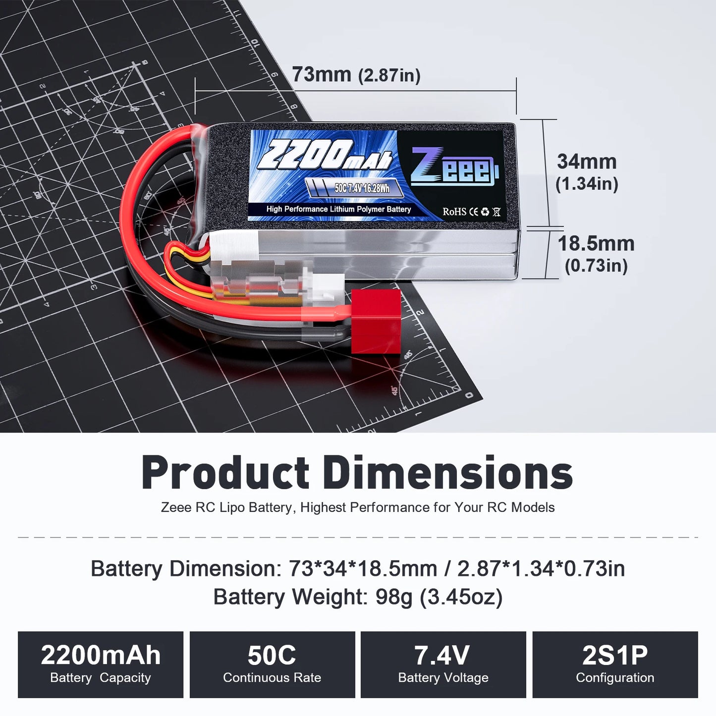 Zeee 2S 2200mAh RC Lipo Battery 7.4V 50C Softcase XT60 Plug