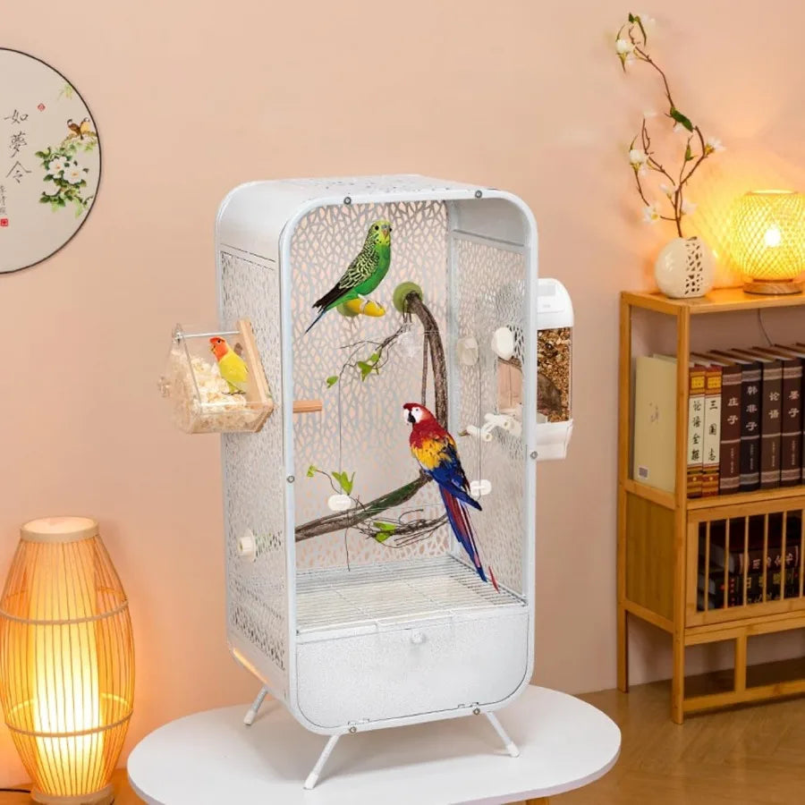 Large 30Inch Parrot Cage with Play Top and Breeding Box Wrought Iron Bird Cage with Rolling Base for Small Pet Birds Indoors Wh