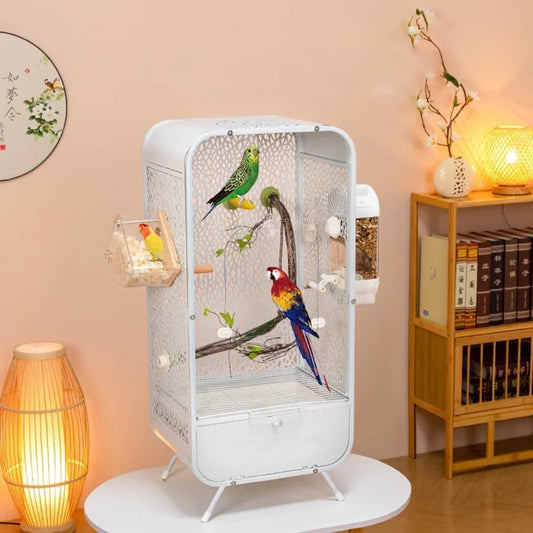 Large 30Inch Parrot Cage with Play Top and Breeding Box Wrought Iron Bird Cage with Rolling Base for Small Pet Birds Indoors Wh