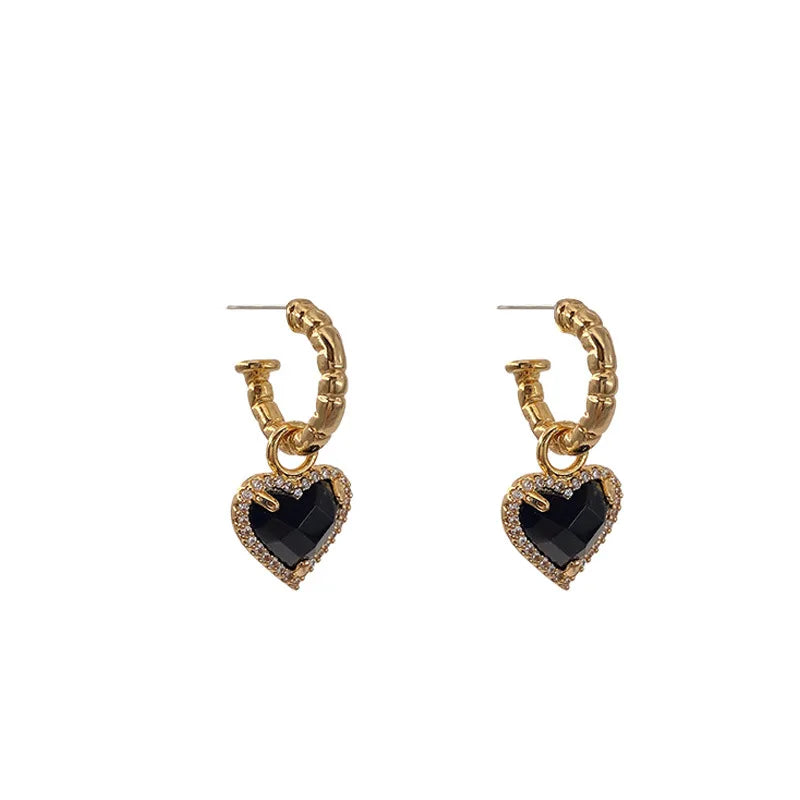 LIVVY  Fashion Black LOVE Heart Zircon Drop Earrings for Women Couple Creative Elegant Holiday Party Jewelry Accessories
