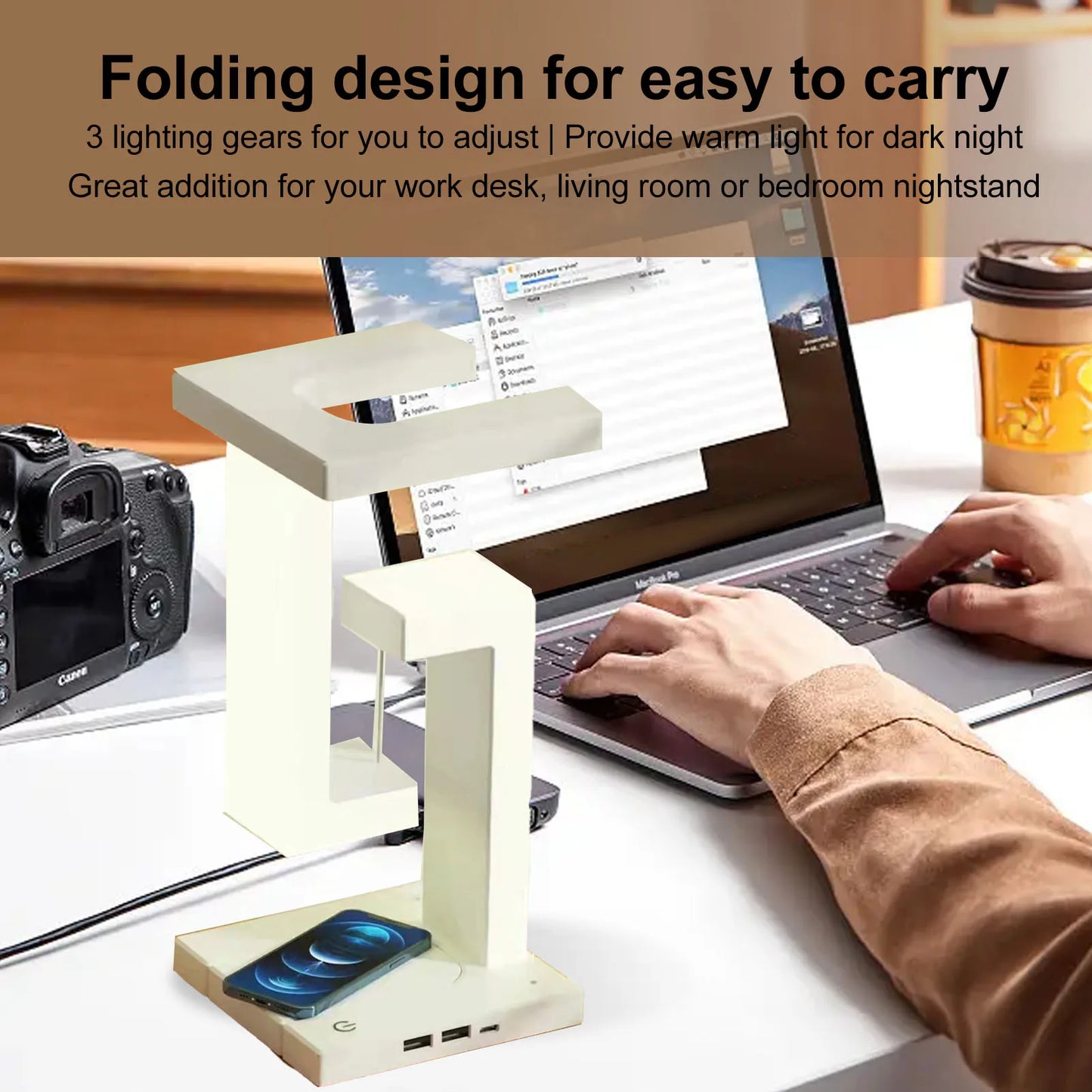 LED Desk Lamp Magnetic Levitation Night Light 3 Gears Touching  LED Table Lamp with Phone Wireless Charging White