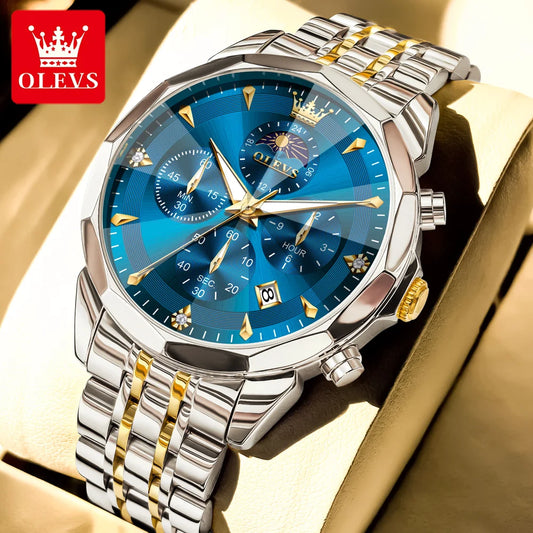 OLEVS 3673 Mens Watch Business Brand Quartz Watches Multifunctional Chronograph Waterproof Moon Phase Watch Mens Gifts Original
