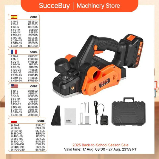 VEVOR Cordless Electric Hand Planer 3-1/4" Width 16000 RPM with Battery 5/64" Adjustable Depth HSS Blades for Woodworking Use