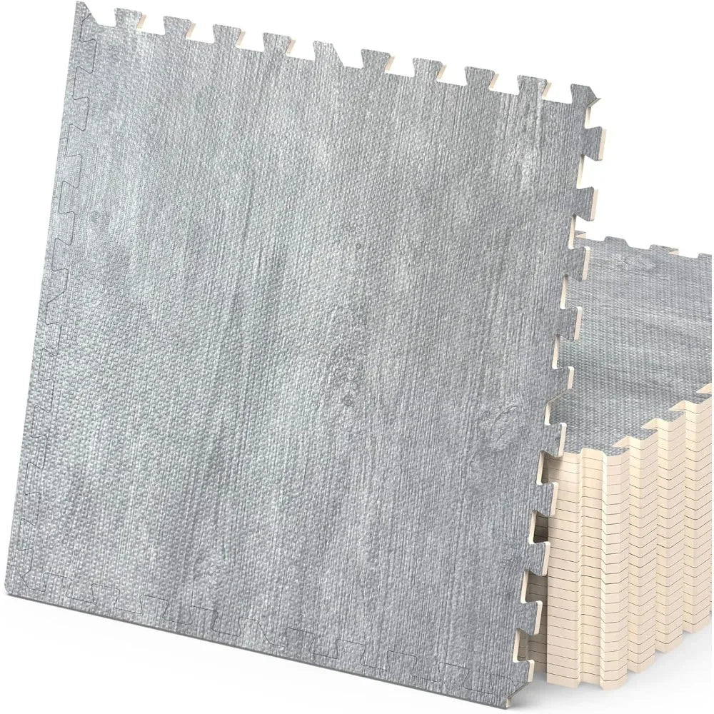 100 Sq. Ft 3/8 Inch Thick Printed Foam Tiles Interlocking Foam Mat, 24" x 24", 25 pcs, Grey Wood Grain Style Print Carpet