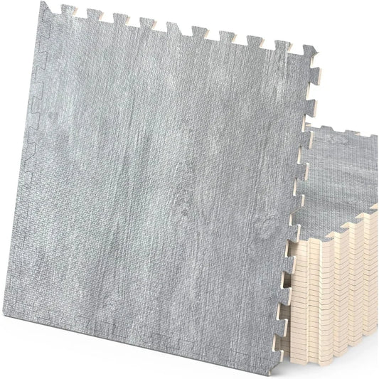 100 Sq. Ft 3/8 Inch Thick Printed Foam Tiles Interlocking Foam Mat, 24" x 24", 25 pcs, Grey Wood Grain Style Print Carpet