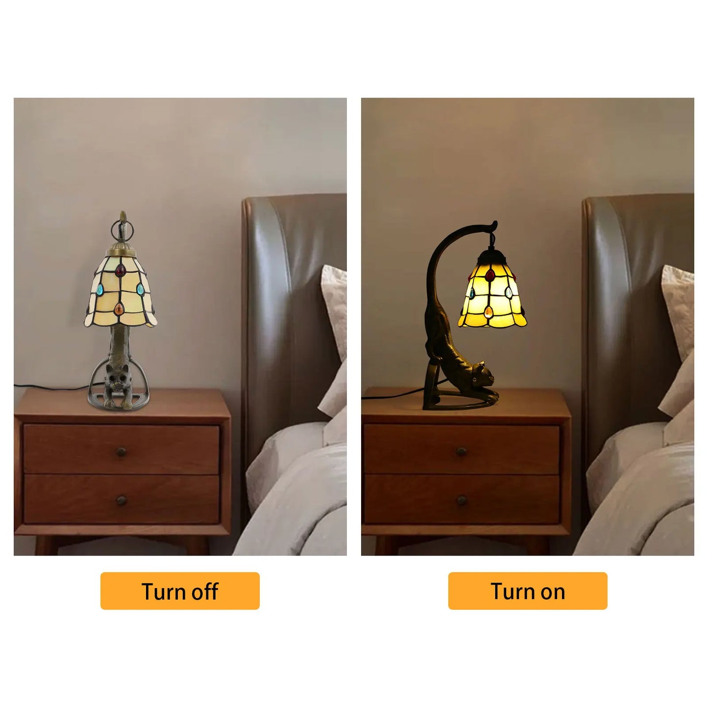 Unique Style Cat Table Lamp Beige Art Glass Bedside Lamp with E26 Socket, US Plug (Bulb Not Included)