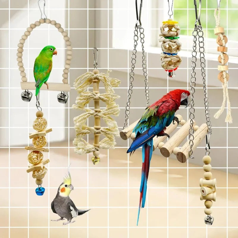 Bird Parrot Wooden Swings Chew Hanging Bell Cage Toys Perch for Small Parakeets Cockatiels Finches Budgie (Bird Swings-8)