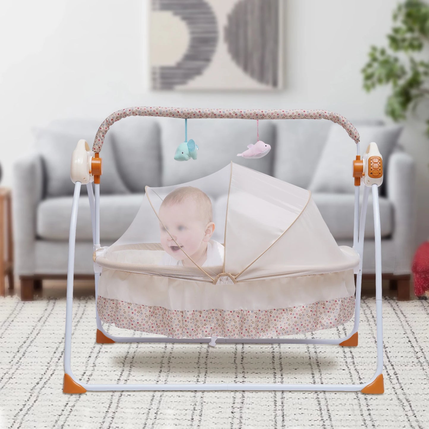 Electric Baby Crib Cradle Bluetooth&USB Foldable Auto-Swing Rocking Bassinet Sleep Bed Infant U-Shaped Pillow/Net/Toy Rack