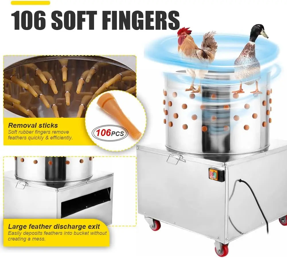 Stainless Steel Chicken Plucker 23.6 Inch Barrel Diameter De Feather Remover Poultry Machine 2200 Watt 275Rpm Heavy Duty