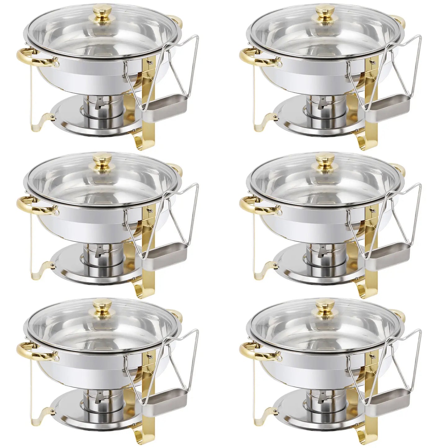 6Pack 5QT Stainless Steel Chafing Dish Buffet Set Round w/Glass Lid Gold