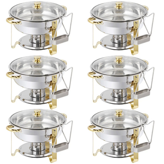6Pack 5QT Stainless Steel Chafing Dish Buffet Set Round w/Glass Lid Gold
