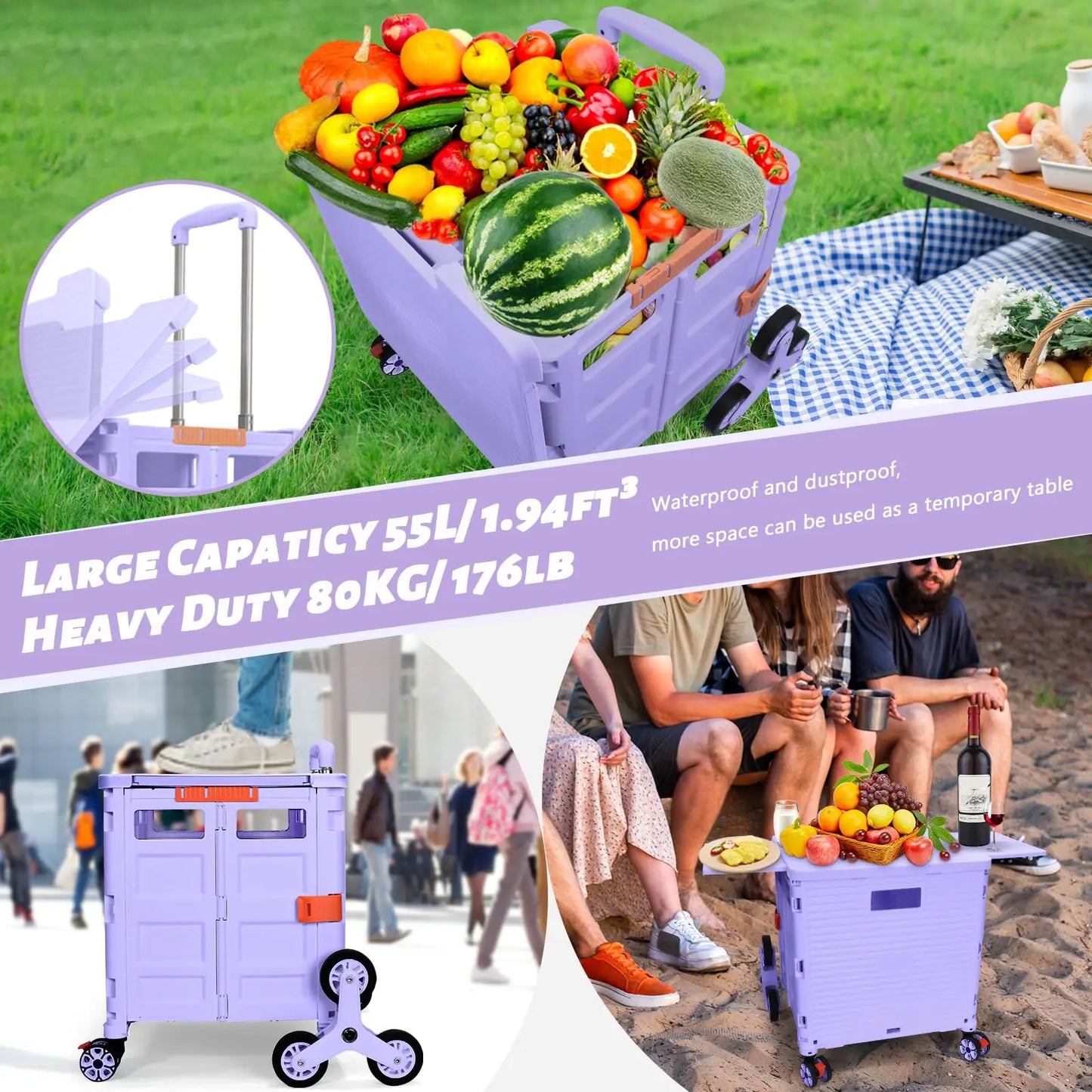 SELORSS Large Capacity Foldable Utility Cart Outdoor Portable Shopping Carts Vegetable Basket Cart for Camping Shopping Storage