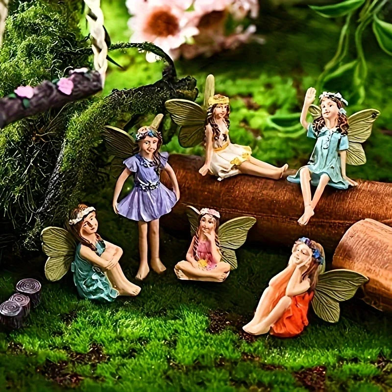 6 Pieces Miniature Fairies Accessories Mini Figurines with Stick Little Girl Sculpture Yard Ornaments Potted Plants Resin Decor