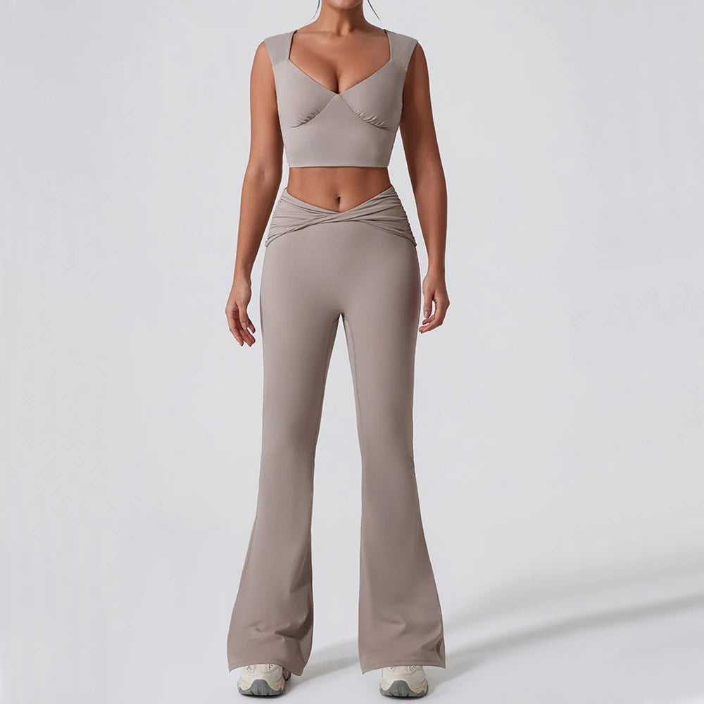 2PCS Women Yoga Set Workout Pant Outfits Fitness Sportswear Gym Tracksuit High Waist Flare Leggings Sports Bra Athletic Wear