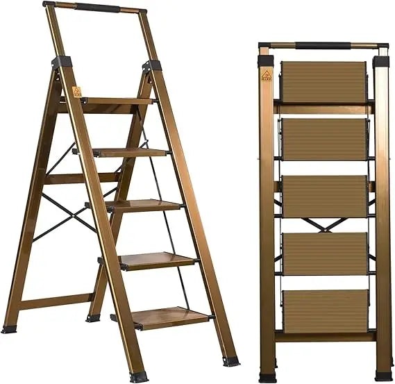 5 step ladder, aluminum 5 step stool with retractable handrail and anti-slip wide pedal, folding stool ladders 5 steps, 330lbs