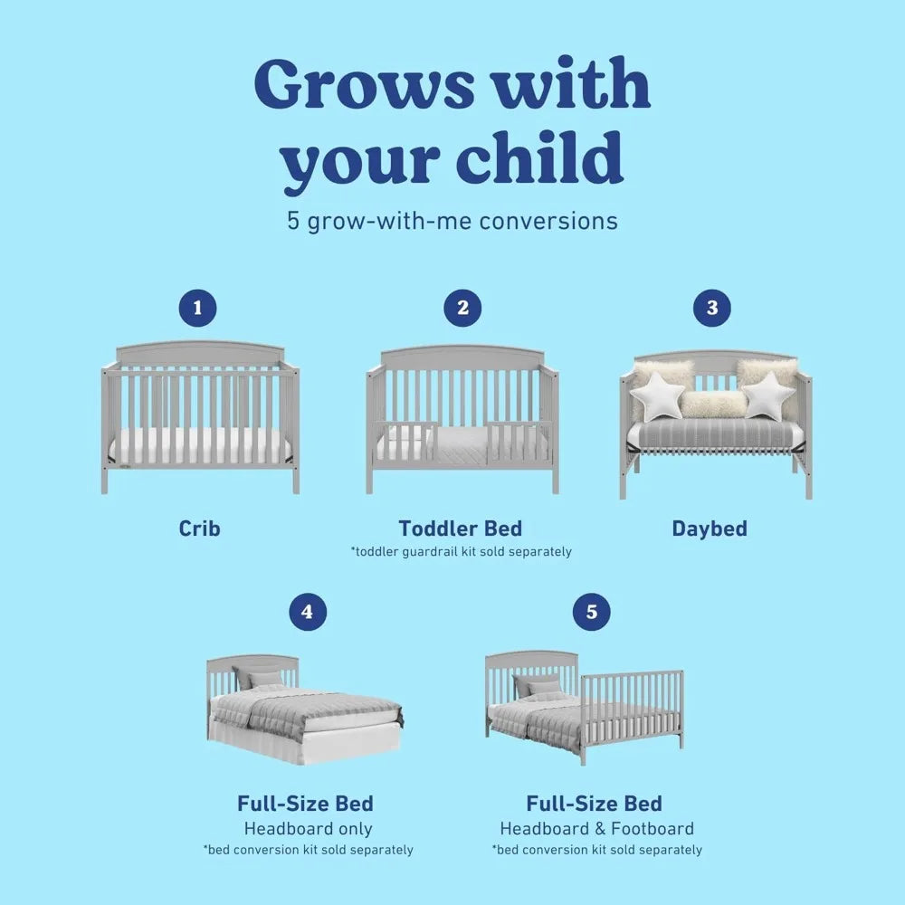 5-in-1 Convertible Crib (Pebble Gray) – Gold Certified, Converts from Baby Crib to Toddler Bed, Daybed and Full