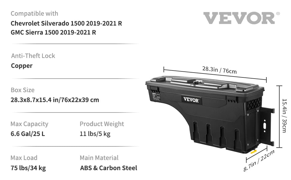 VEVOR Truck Bed Storage Box Passenger Side Lockable Lid Waterproof ABS Wheel Well with Password Padlock Tool Box for Oil Trucks