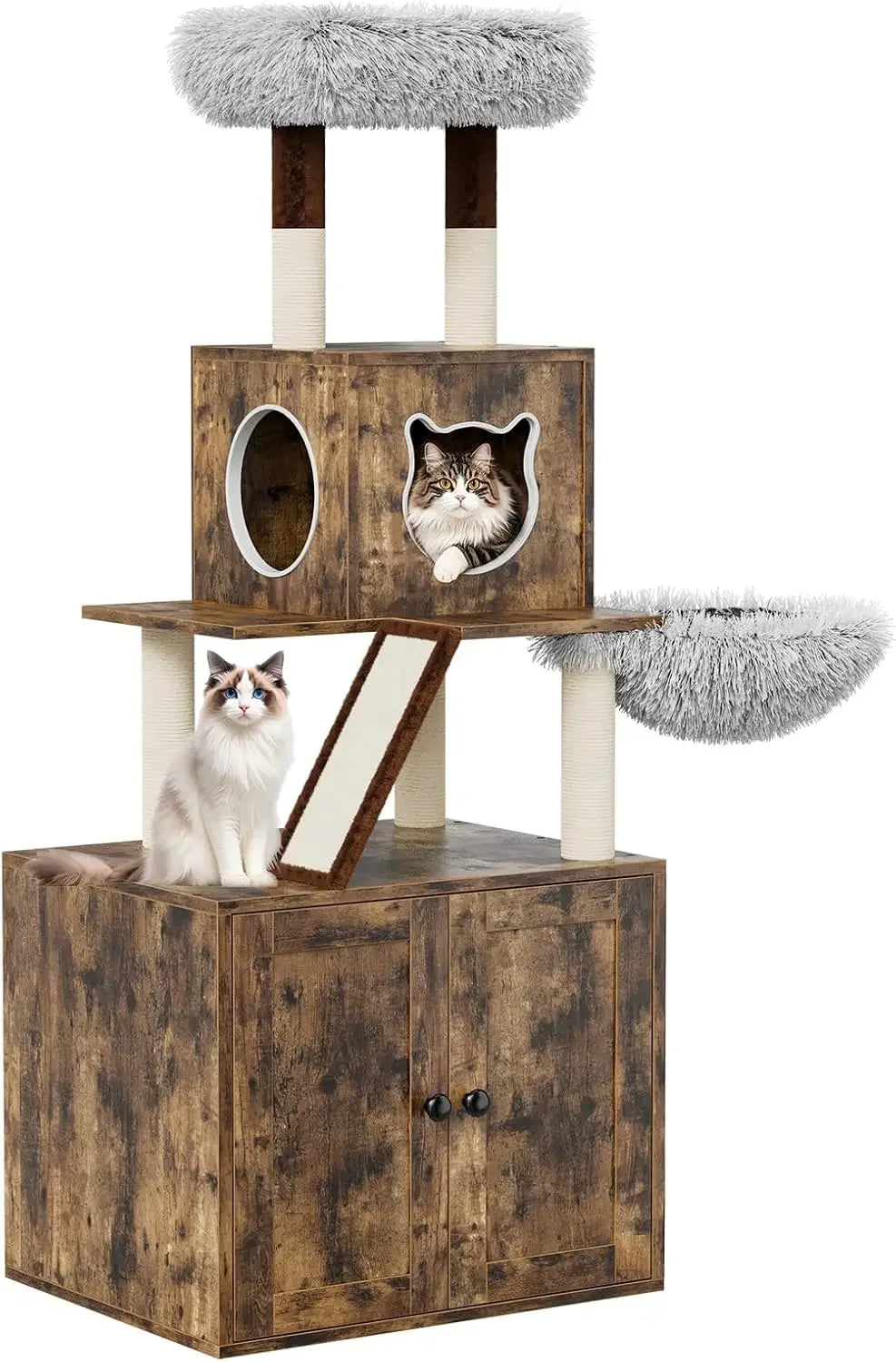 Tall Cat Tree with Litter BoxEnclosure 2-in-1 Modern Large Cat Tower for Indoor Cats with Double Condos/Scratching Posts/Hammock