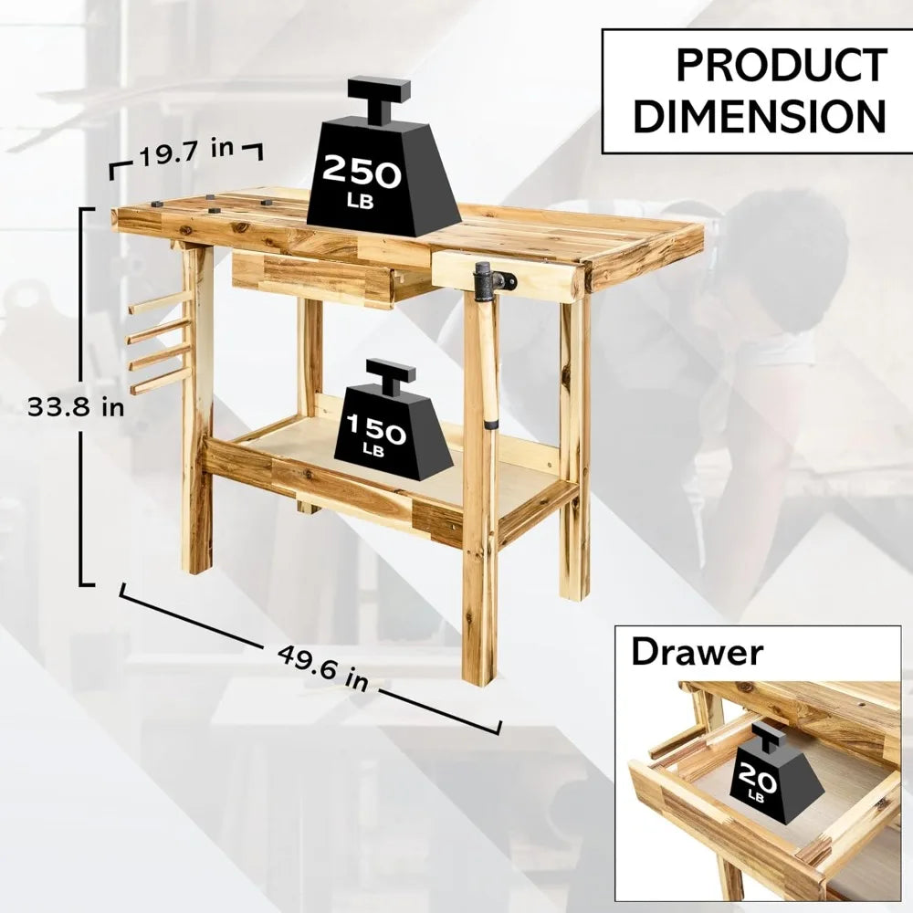48-Inch Acacia Hardwood Workbench with Drawer - 330lbs Weight Capacity Heavy Duty Portable Wood Work Bench Table for Garage, Wo