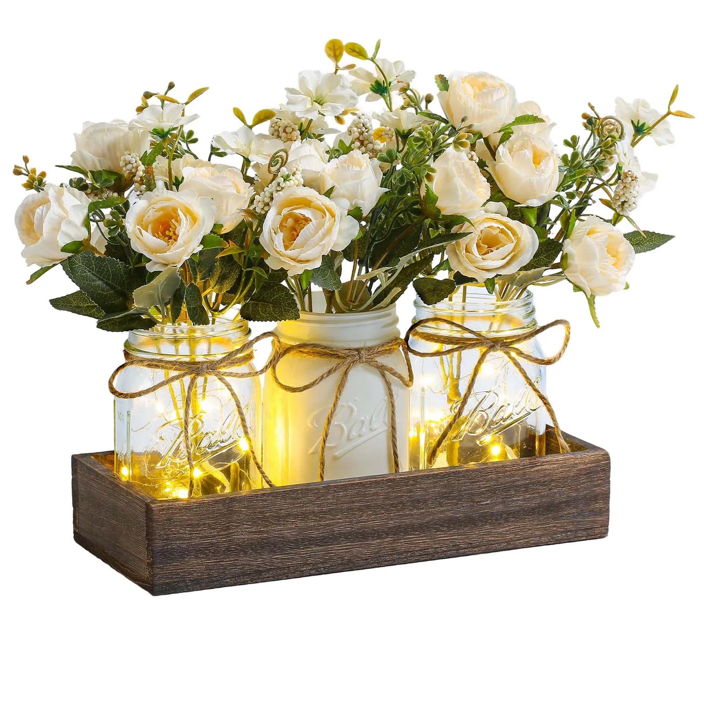 Artificial silk flowers with LED lights in a wooden box, artificial flowers with vase for home office desk kitchen decoration, V