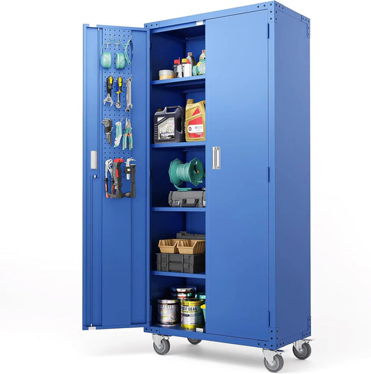 72'' Tall Metal Garage Storage Cabinet with Pegboards, Wheels, Locking Doors and Adjustable Shelves, File Cabinet