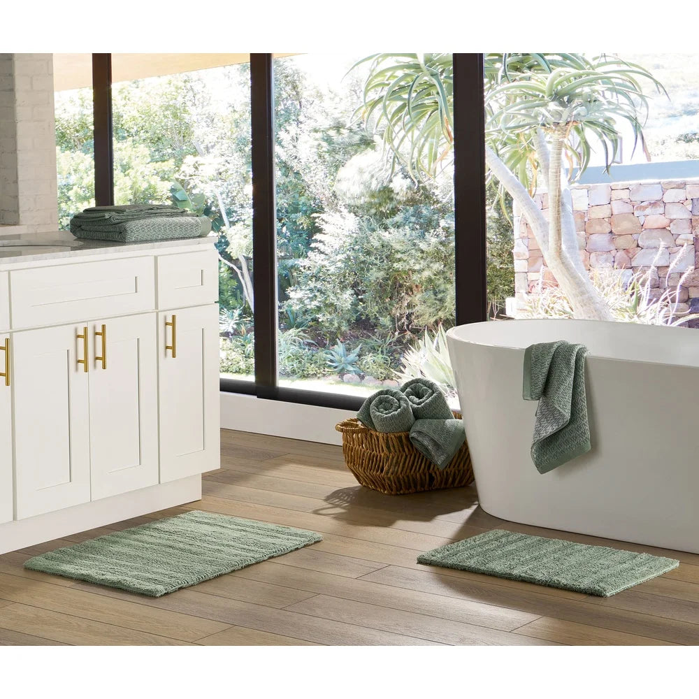 Reversible Cotton Bath Mat Set Ultra Soft Absorbent Machine Washable 2 Piece Rugs Bathroom Floor Protection